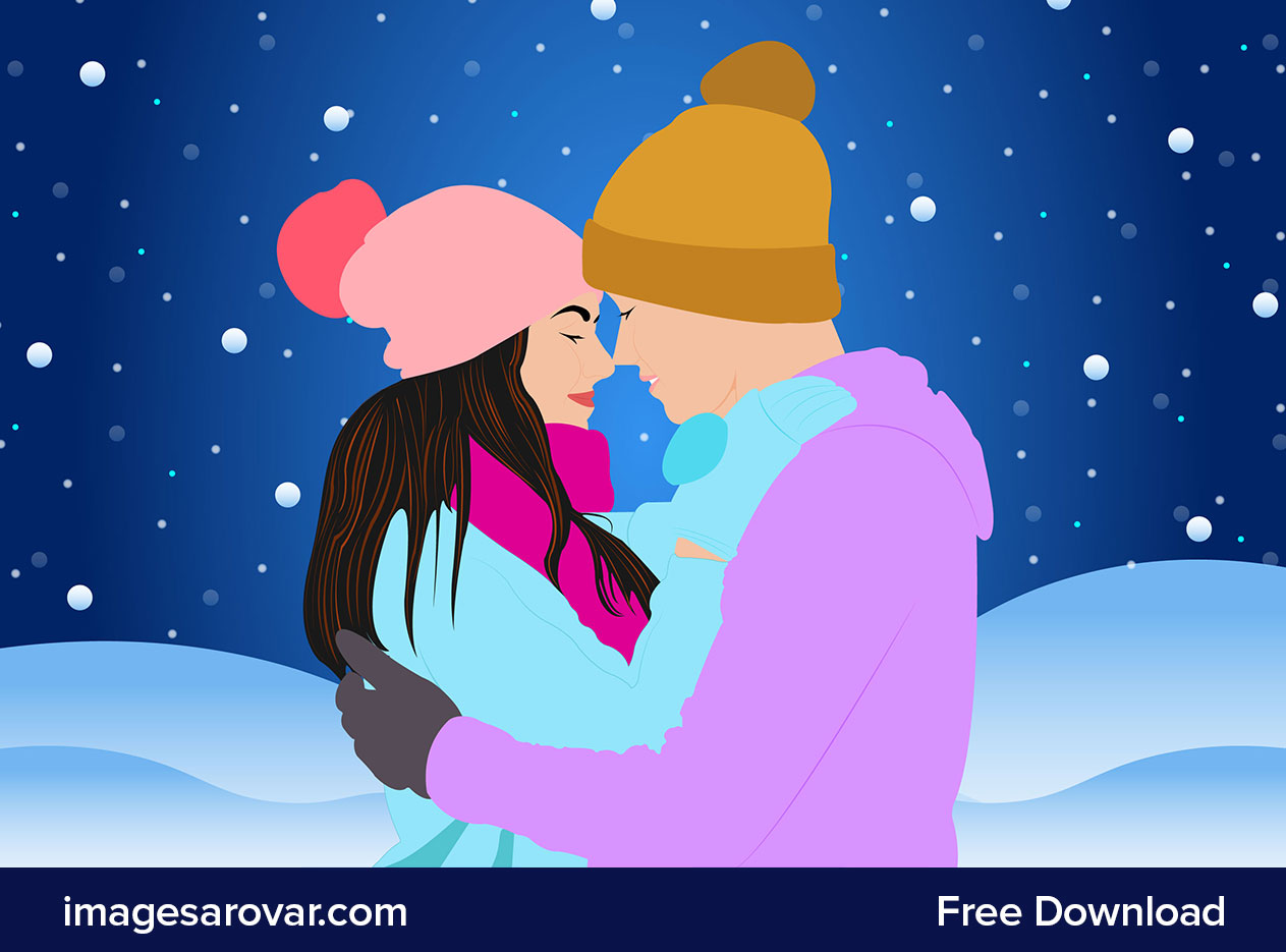 vector illustration of loving couple celebrates valentines day in snow fall