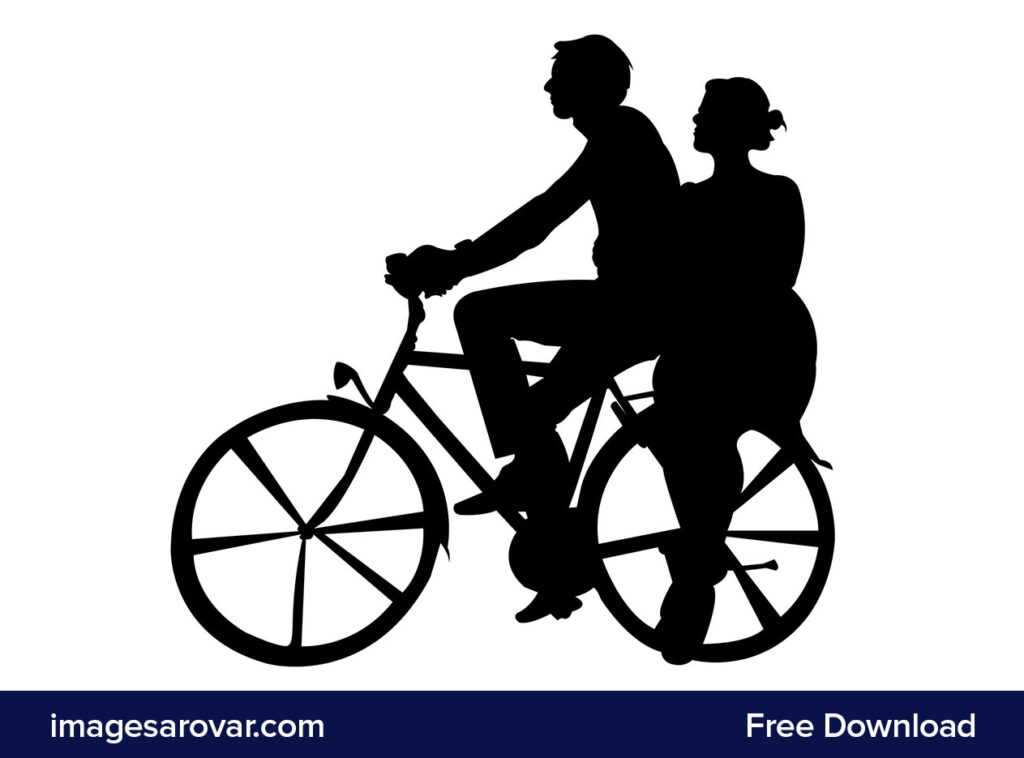 Silhouette couple riding bicycle free vector image