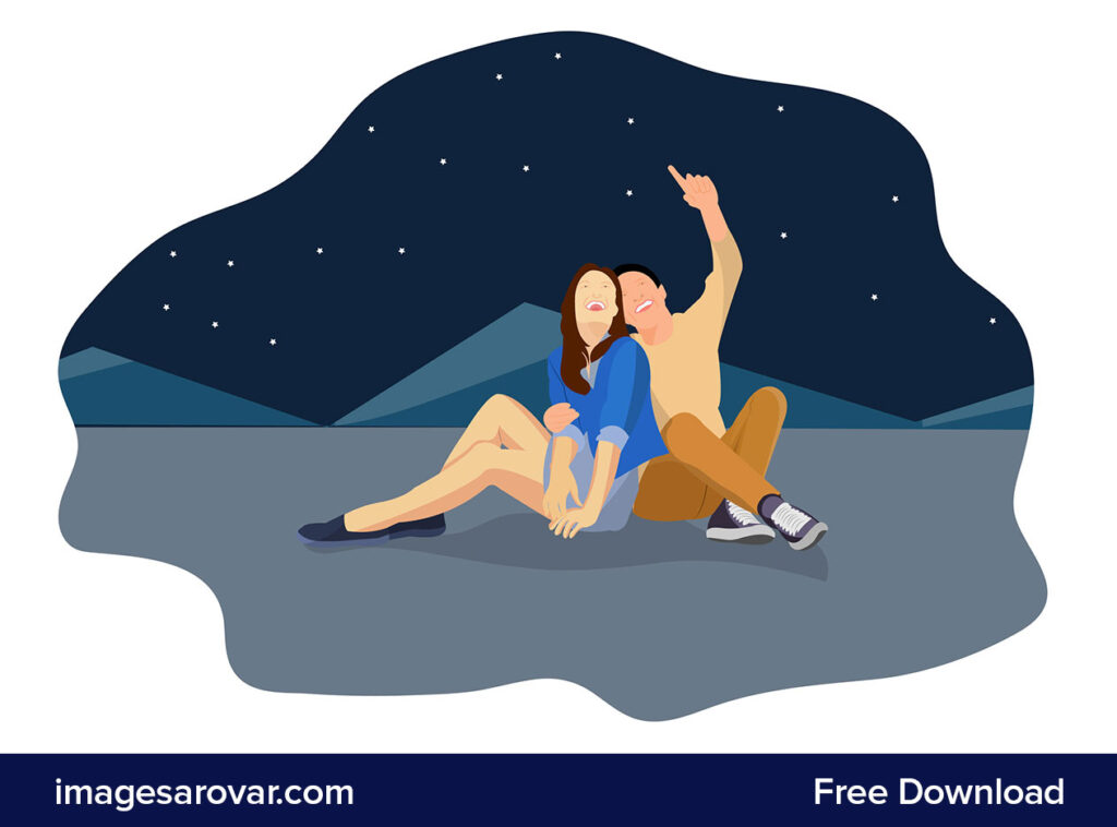 Couple flat illustration boy and girl sitting in starry night clipart vector