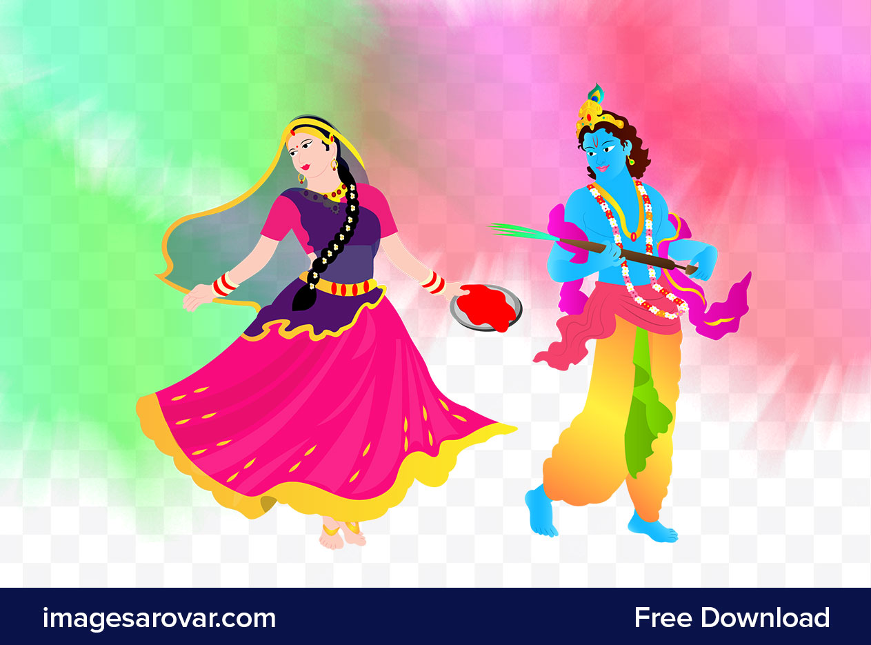 lord krishna and radha playing holi vector clipart png free download